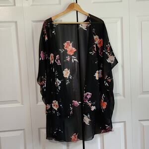 Women's Semi-sheer Black & Floral‎ Lightweight Kimono One Size Casual Party